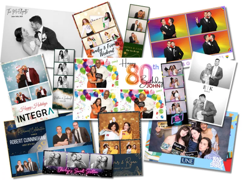 Examples of photo booth print layouts — strips, grids, and full-size photos